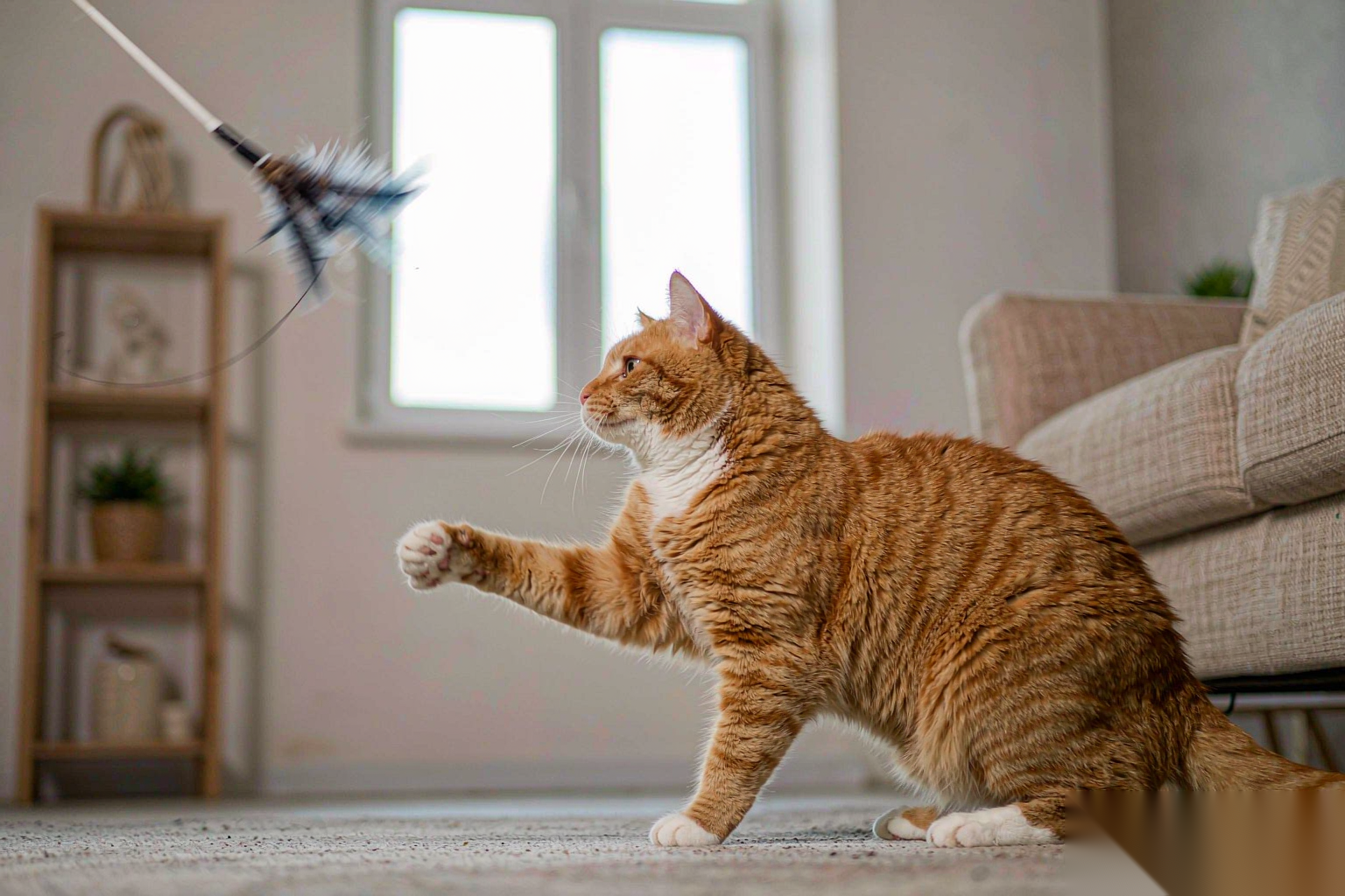 A cat playing with the SmartTease wand at home